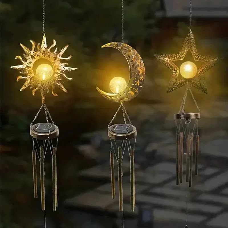 Solar Wrought Iron Outdoor Garden Balcony Decoration Waterproof Hollow Moon Wind Chime Courtyard Landscape Chandelier Atmosphere
