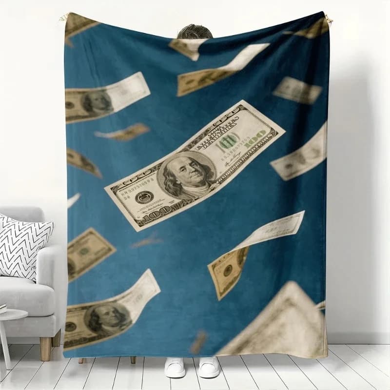 Falling 100 Dollar Bills Pattern Flannel printed blanket suitable all seasons suitable for living room office sofa and travel