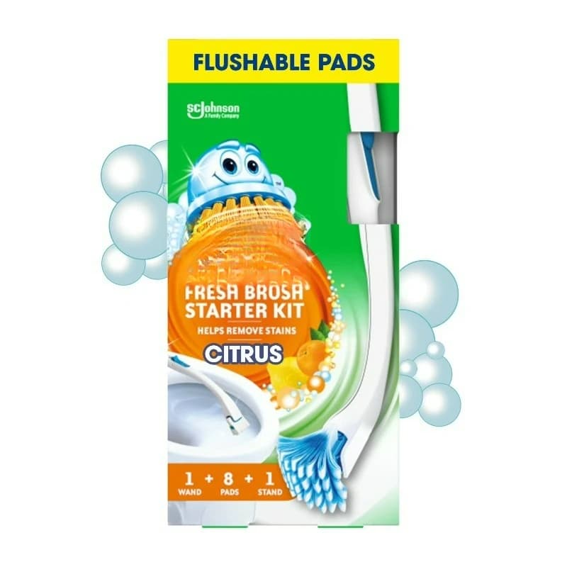 Kit Iniziale per la Pulizia del WC, Cuscinetti Igienizzanti Sciacquabili, Sistema di Pulizia con Spazzola Fresca, Agrumi, 1 Bacchetta, 1 Supporto, 8 Pezzi