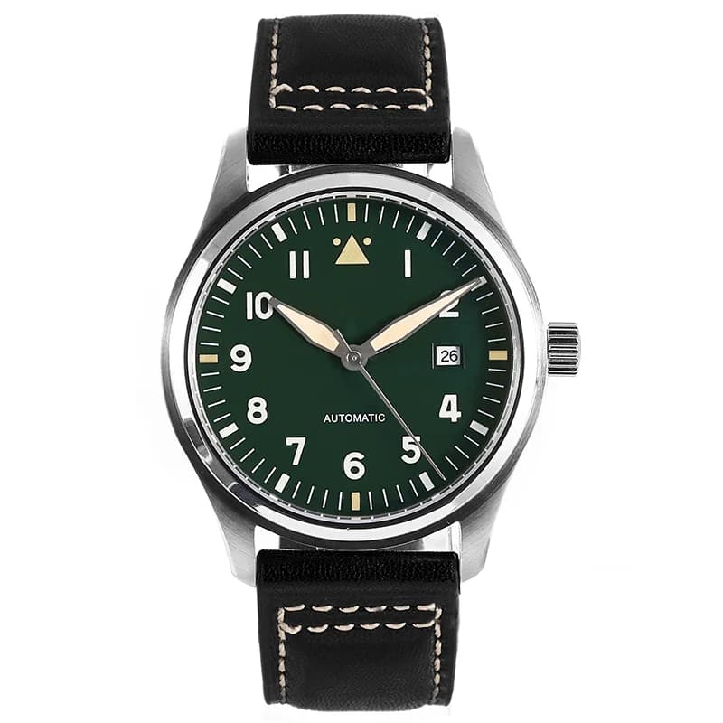 PHYLIDA 42mm quadrante verde Spitfire Pilot Watch 5ATM GIAPPONE MIYOTA cinturino automatico in vera pelle con cupola in cristallo di zaffiro