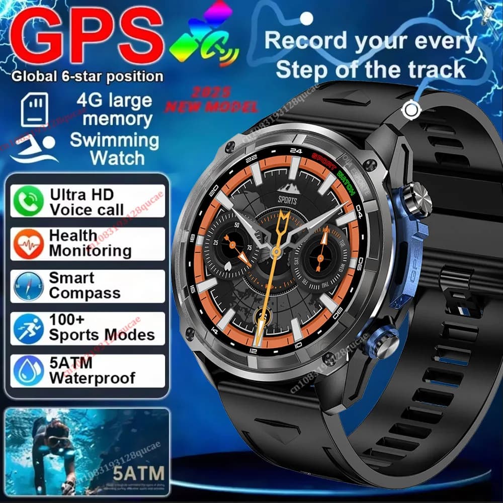 2025 Nuovo GPS SmartWatch Mappe offline Memoria da 4 GB Lettore video Bussola Sport militare Bracciale intelligente da uomo 50 m Nuoto Impermeabile