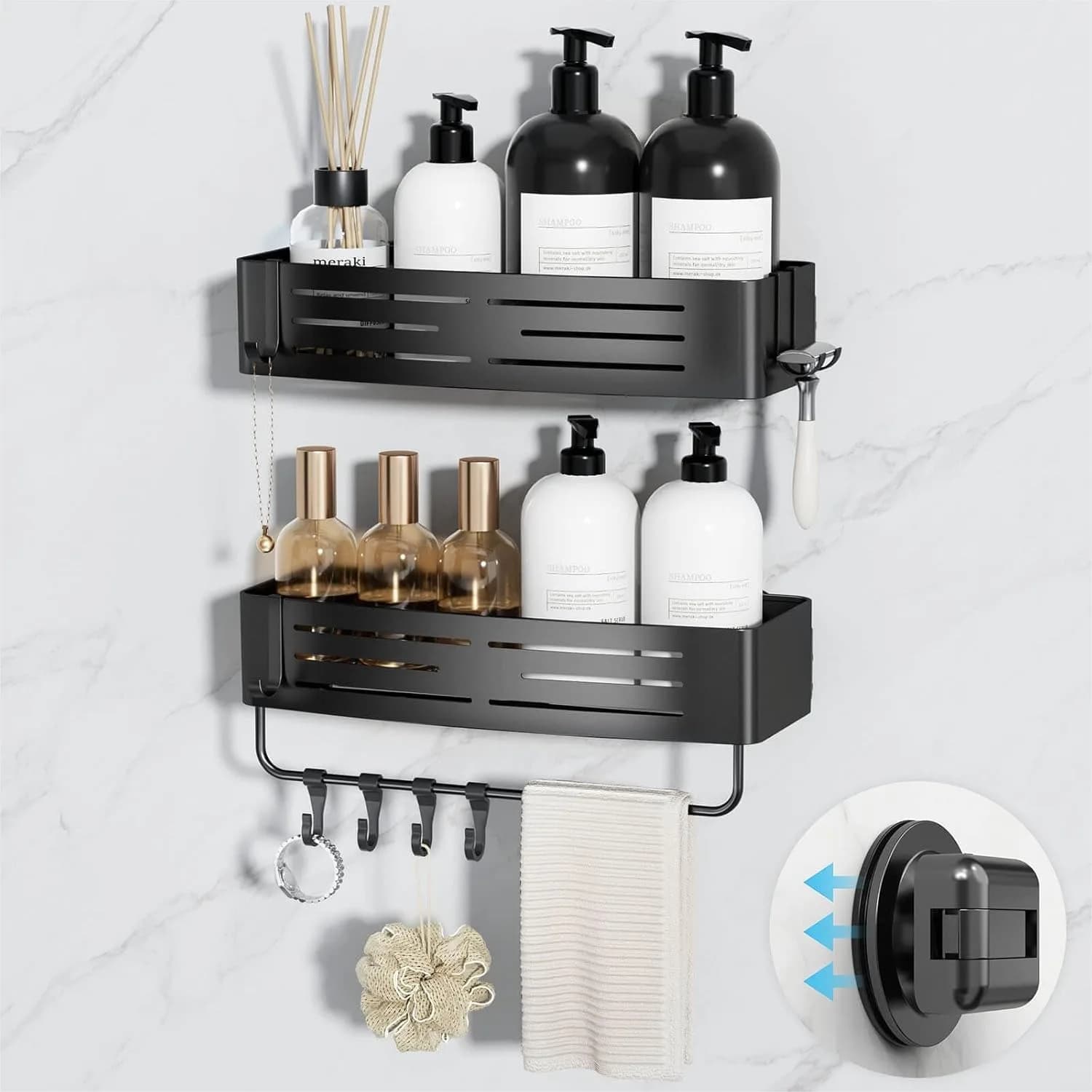 Set di 2 Portaoggetti da Doccia con Ventosa, Organizzatore per Bagno con Ganci e Portasciugamani, Nero Opaco per Angoli