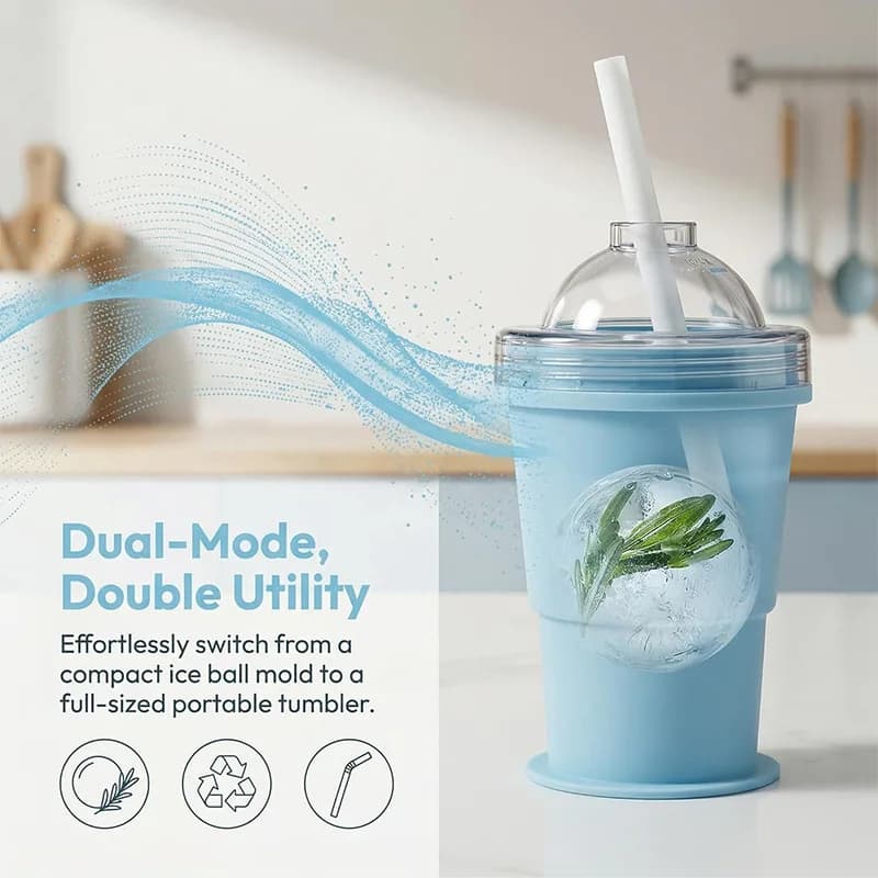 Stampo Creativo per Cubetti di Ghiaccio Estivi, Bicchiere Pieghevole per Palline di Ghiaccio a Pressione, Tumbler in Silicone con Cannuccia che si Trasforma in Pochi Secondi