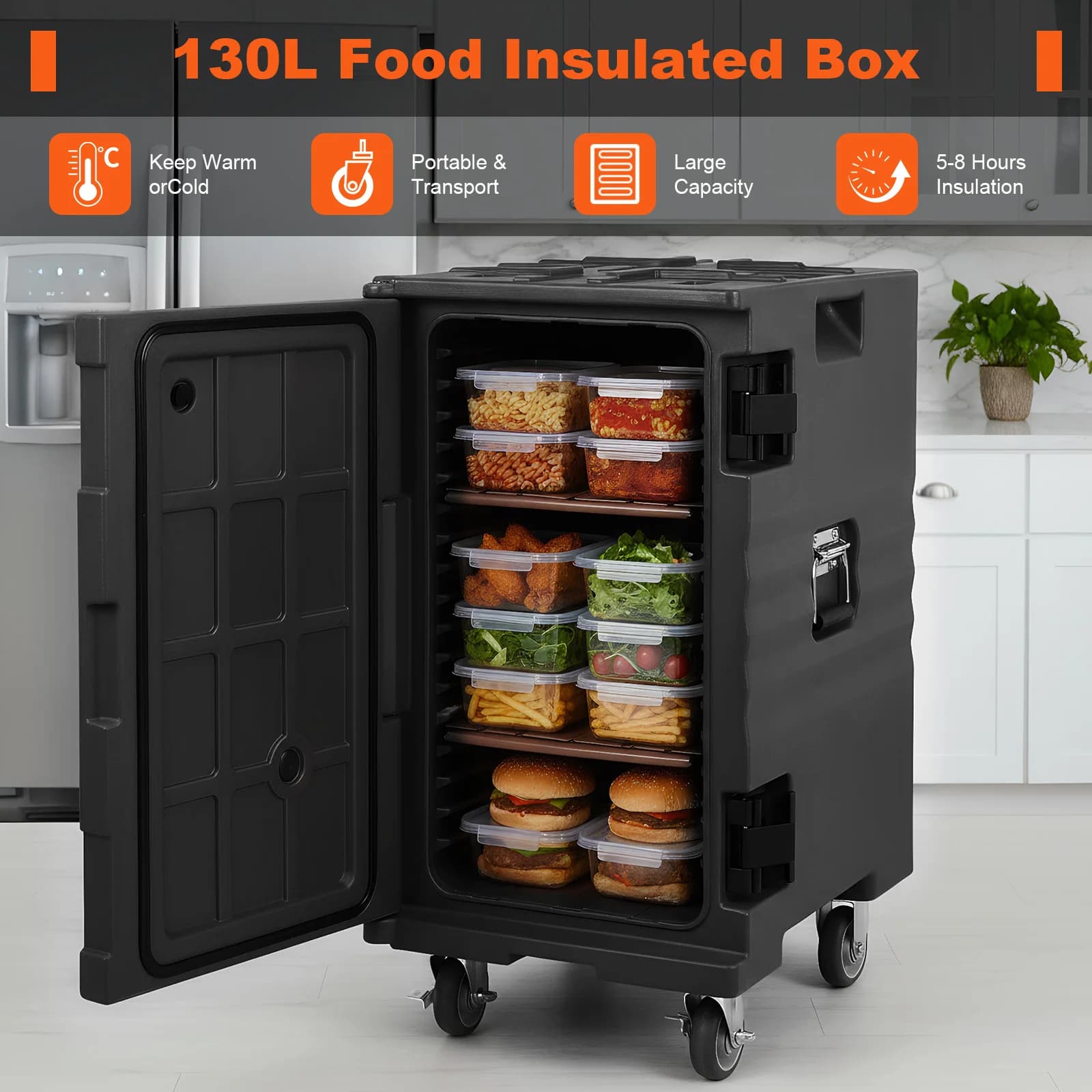 118QT Insulated Food Pan Carrier Insulated Food Container with Wheels W/Handles for Catering Restaurant Canteen Family Party