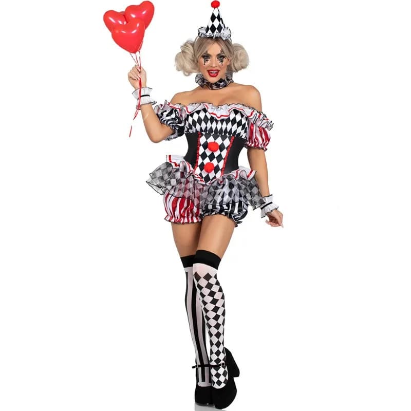Costume da Clown per Donna, Abito per Spettacoli Circensi, Uniforme per Giochi di Ruolo, Vestito da Giullare per Halloween, Carnevale e Teatro
