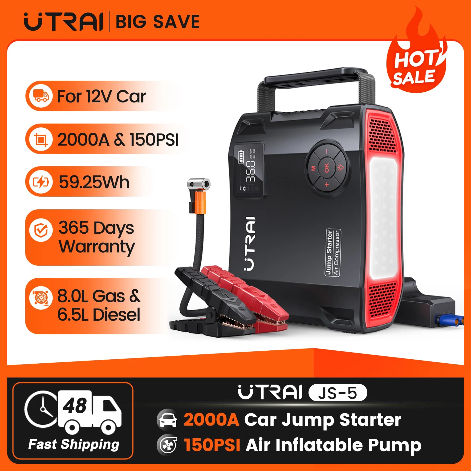 UTRAI 2000A 4 in 1 Avviatore di emergenza per auto 150PSI Gonfiatore d'aria Accumulatori e caricabatterie di riserva portatile Booster di emergenza per dispositivo di avviamento per auto 12V