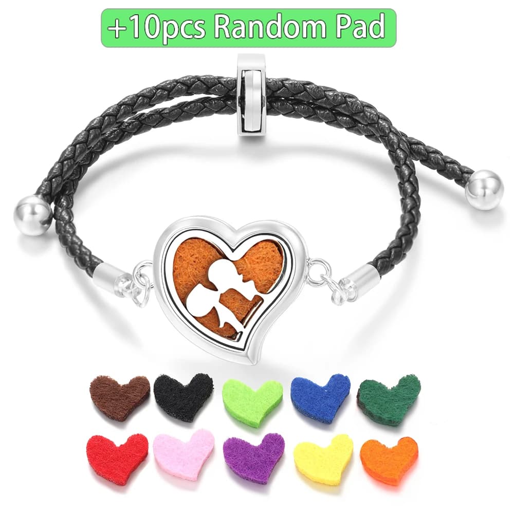 Black PU Leather Women Heart Shape Pendant Bracelet Palm Print Perfume Diffuser Locket Adjustable Aromatherapy Bangle Jewelry