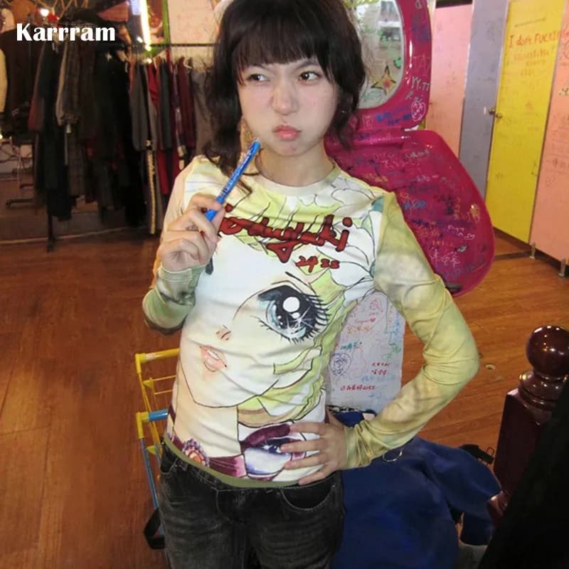 Karrram giapponese Y2k Anime Stampa T-shirt anni 2000 Estetica T-shirt a maniche lunghe Vintage Harajuku Slim Tops Kawaii Lolita T Shirt