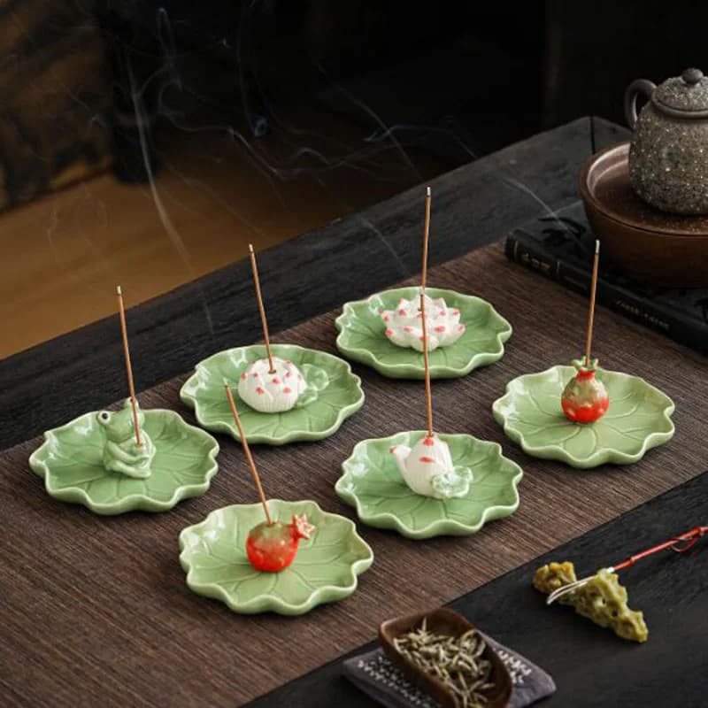 Creative Celadon Lotus Stick Incense Holder Dragon Fruit Frog Incense Base Aromatherapy Censer Indoor Home Decoration