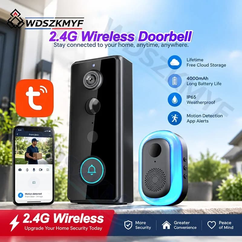 TUYA Outdoor Wireless Video Doorbell, IP65 Waterproof, 2MP HD Night Vision, AI Motion Detection, Free Cloud,Home Guard
