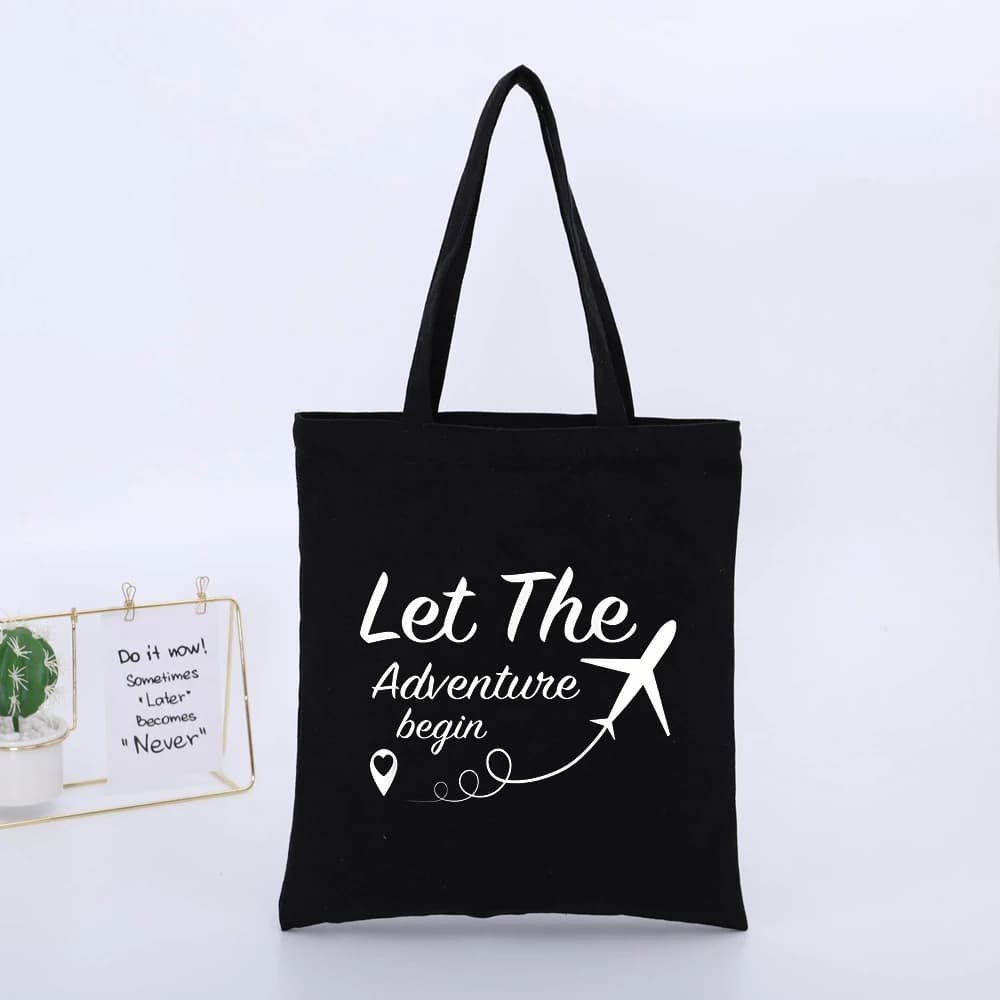 Airplane and Typography Print Canvas Tote Bag, Casual Style for Daily Travel and Weekend Trips