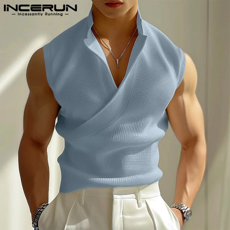 INCERUN uomo canotte tinta unita scollo a V senza maniche Casual gilet maschile estate Streetwear 2024 moda per il tempo libero abbigliamento uomo coreano