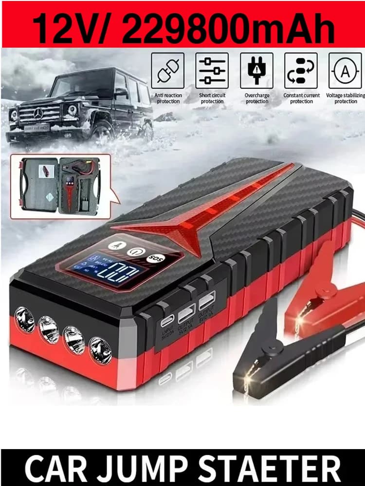 Avviatore di Emergenza per Auto 12V 229800mAh, Batteria Portatile di Emergenza con Luce LED, USB, per SUV, Furgoni, Moto, ATV