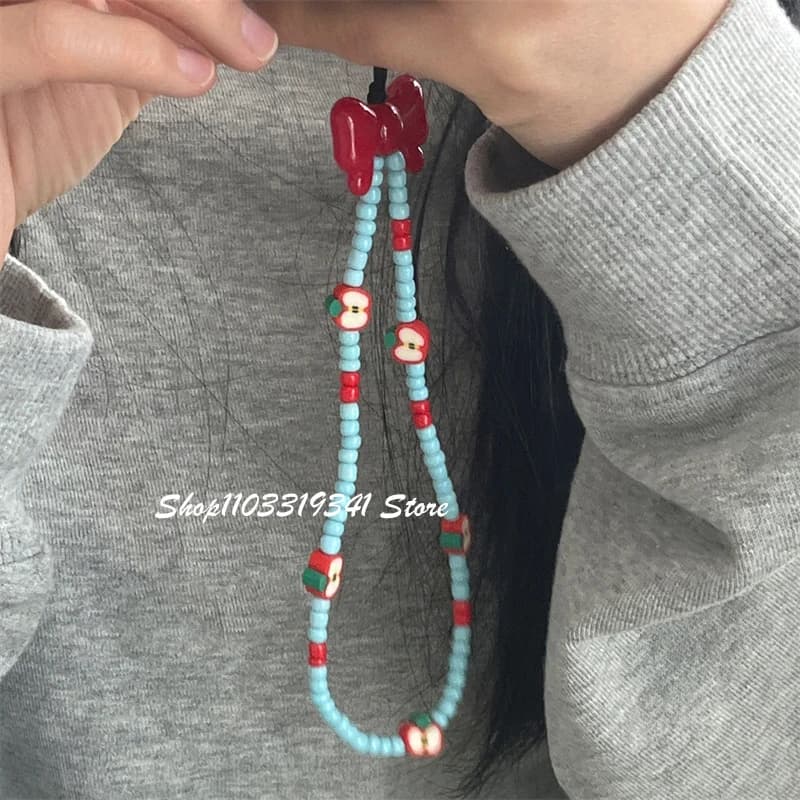 Korean Cute Red Bow Apple Blue Bead Beaded Keychain Phone Charm Strap Pendant For iPhone Accessories Bag Hanging Cord For Women