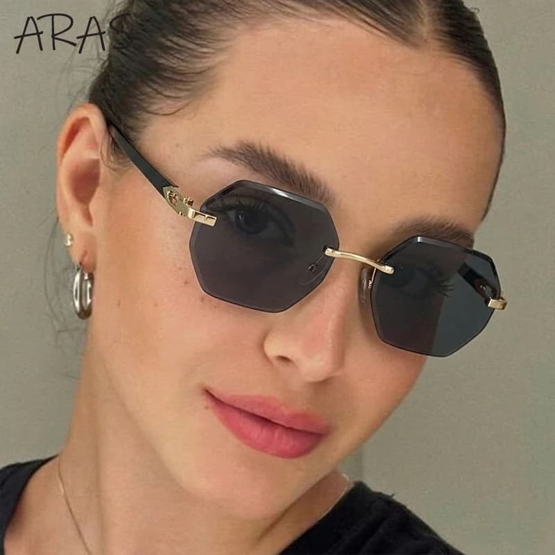 Fashion Rimless Square Sunglasses Women 2026 Luxury Brand Hexagon Metal Frame Sun Glasses For Lady Trendy Outdoor Eyewear Shades