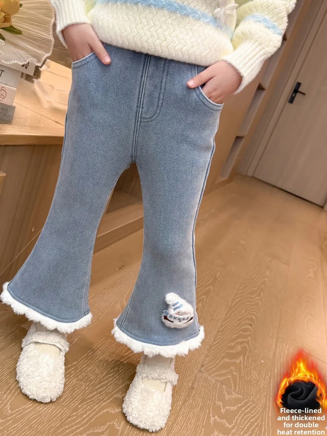 Jeans Invernali a Zampa d'Elefante per Ragazze, Vita Alta, Pantaloni Lunghi Caldi Felpati, Stile Pupazzo di Neve, per il Tempo Libero e il Pendolarismo