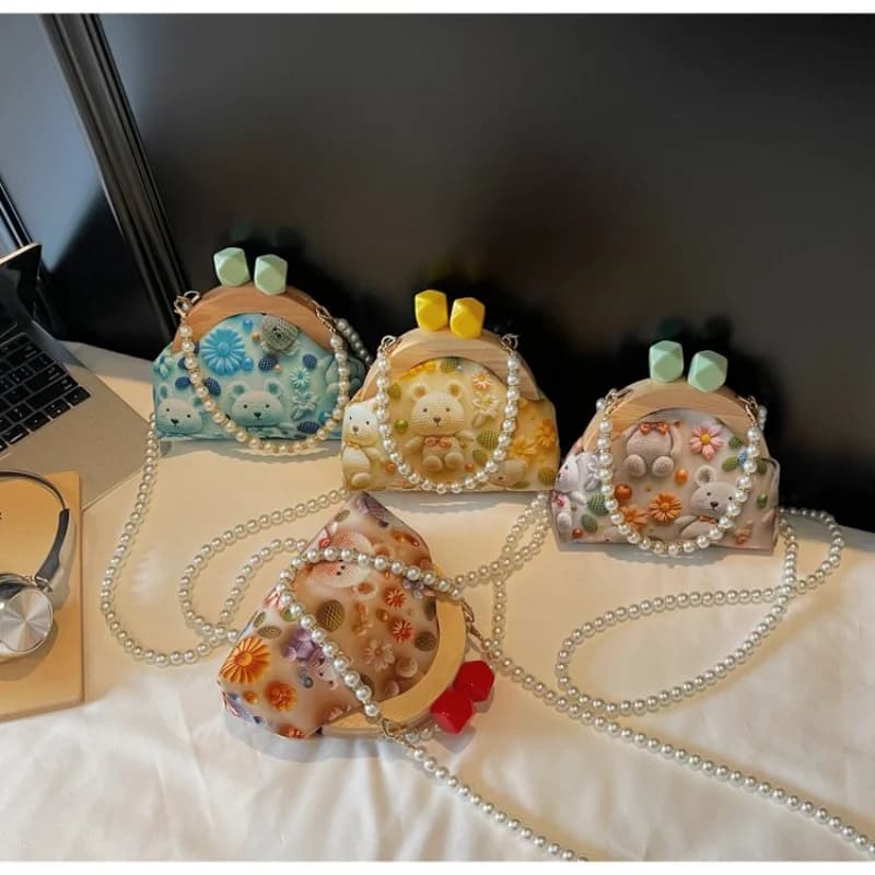 Nuova Borsa CEEKAY 3D Bear Kiss Lock 2026, Graziosa Borsetta con Manico in Legno e Catena di Perle, Pochette Versatile e Trendy per Ragazze