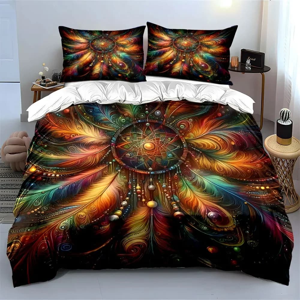 Colorful Bohemian Dreamcatcher Decor Set Bedding Set with 1 Duvet Cover 2 Pillowcases Single Double King Queen, Gift