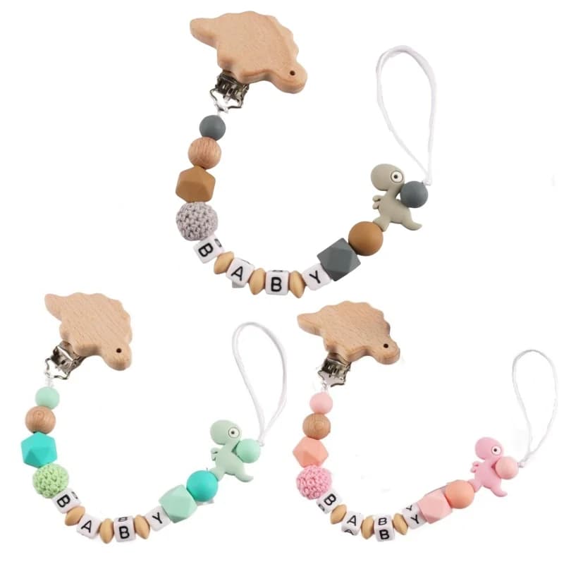 Catenella Portaciuccio Personalizzata con Lettere e Dinosauri, Ciondoli Massaggiagengive per Neonati, Regali per Bambini