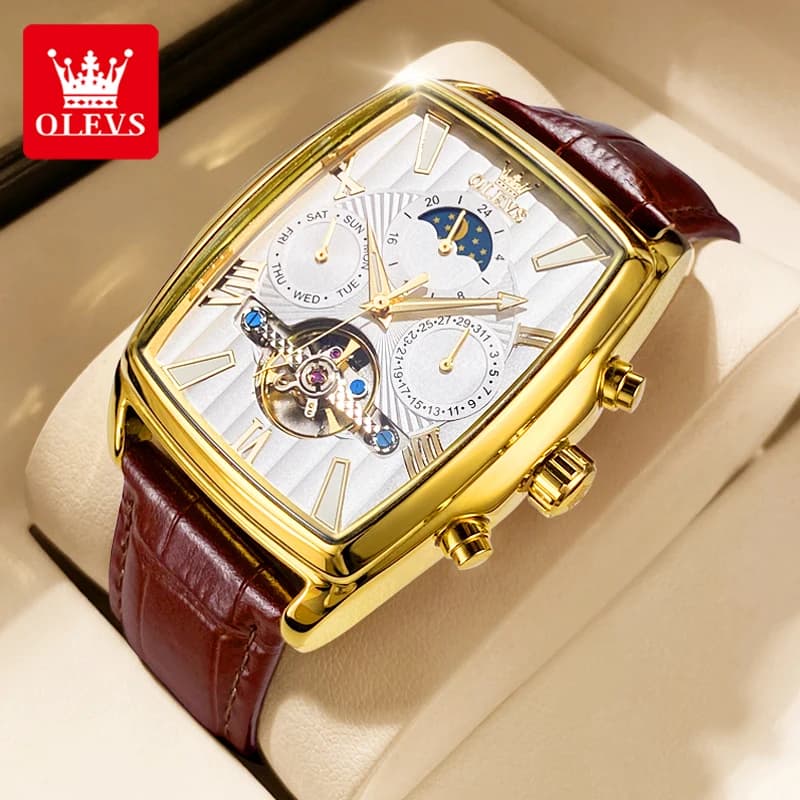 OLEVS 6675 Orologio da uomo quadrante quadrato cinturino in pelle cava scheletrata orologio meccanico automatico impermeabile