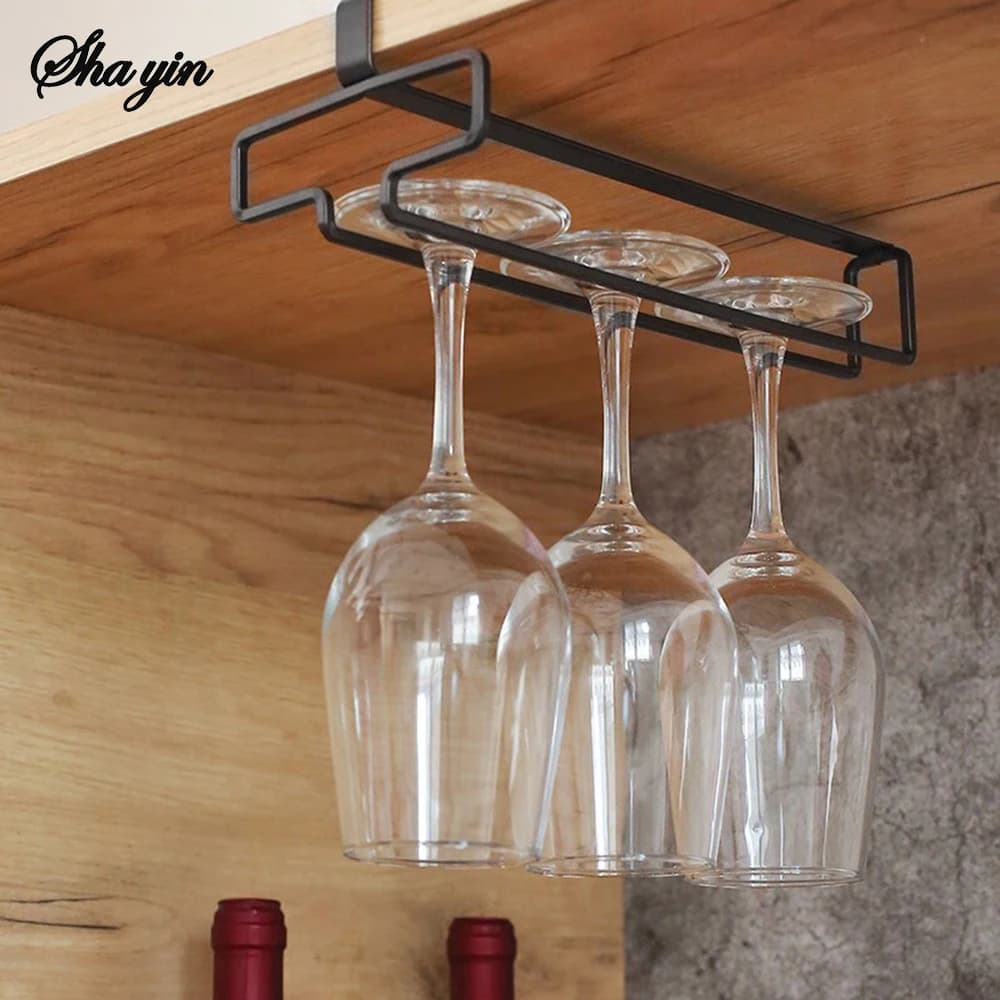 Red wine glasses with high suspended foot in inverted iron not perforated, hanging glass holders for domestic bar, glass organizer