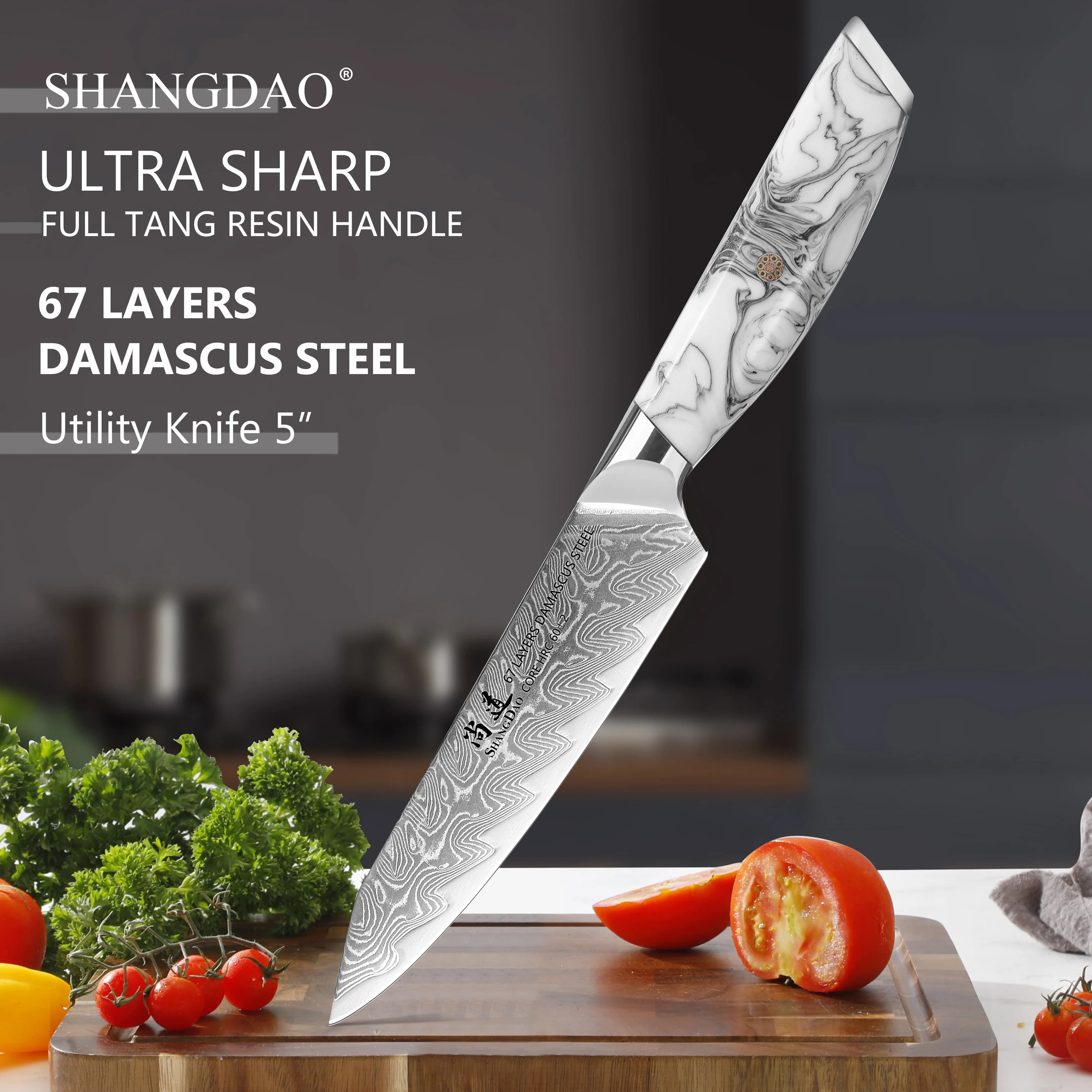 SHANGDAO Coltello multiuso da cucina 5", coltelli affilati per sbucciare frutta e verdura, acciaio di Damasco forgiato con inchiostro e manico in resina lavata
