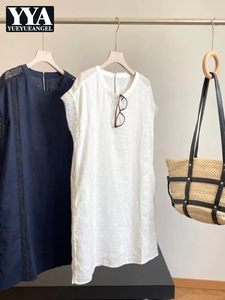Abito Estivo da Donna Nuovo con Scollo a O, Vestito Largo in Lino Tinta Unita, Abito Senza Maniche con Fiori all'Uncinetto, Vestito Pullover per Vacanze Donna