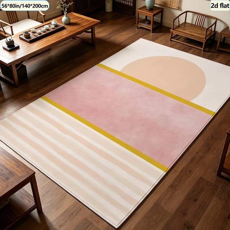 Boho Pastel Abstract Striped Oval Carpet Flooring, Pink Beige Gold Border Soft Area Rug Non‑Slip Floor Mat for Bedroom Dorm Home Decor