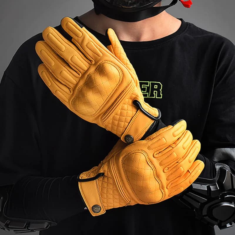 Retro Leather Motorcycle Gloves Full Finger Yellow Motorbike Racing Gloves Touch Screen Guante Moto Protective Gear
