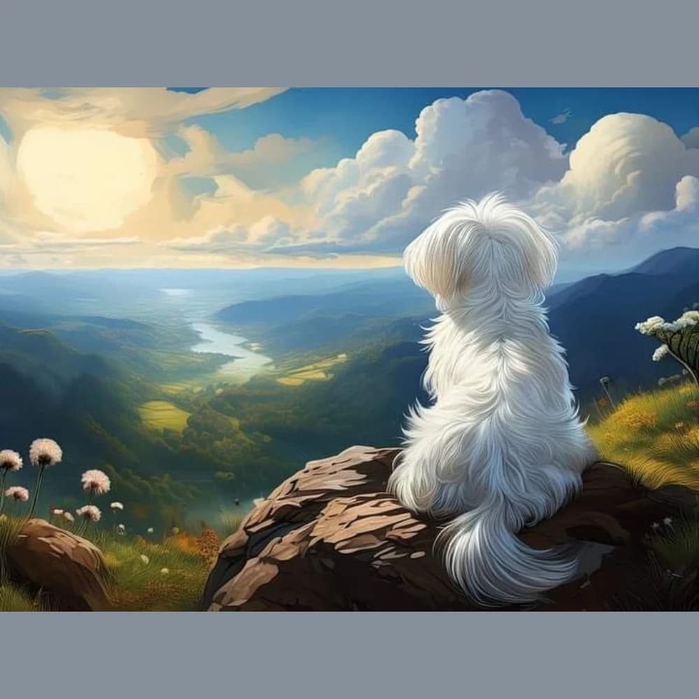 Diamond Painting By Number DIY Cute White Dog Looking At Mountain Landscape Wall Decor for Game Room or Living Room Gift Frame