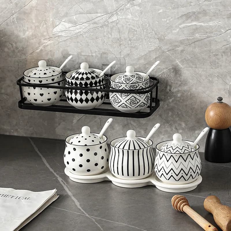 Handmade Ceramic Seasoning Jar Set Salt Spice Sugar Chili Oil Container with Lids Kitchen Storage Home Gift