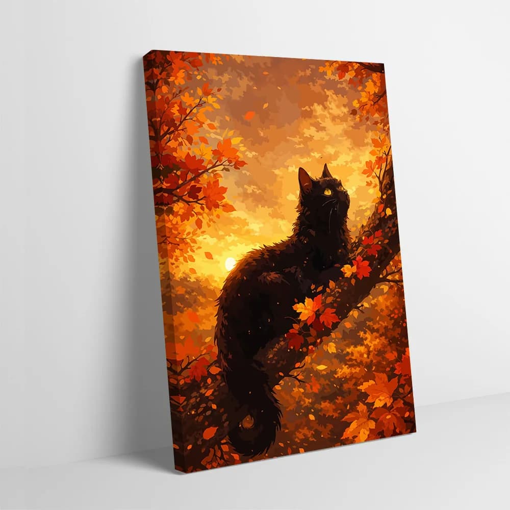 Poster Gatto Nero su Albero Autunnale, Stampa Personalizzabile su Tela, Quadro Decorativo da Parete, Regalo per Decorazione d'Interni