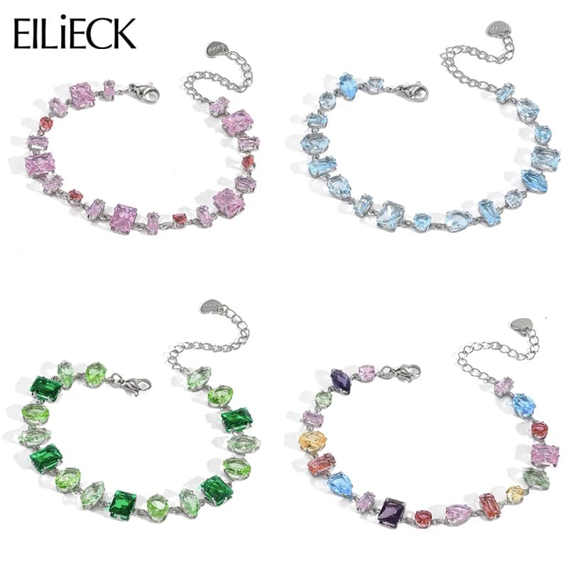EILIECK Delicate Colorful Luxury Cubic Zirconia Chain Chic Bracelet Bangle Women Stainless Steel Wrist Jewelry Waterproof Gift