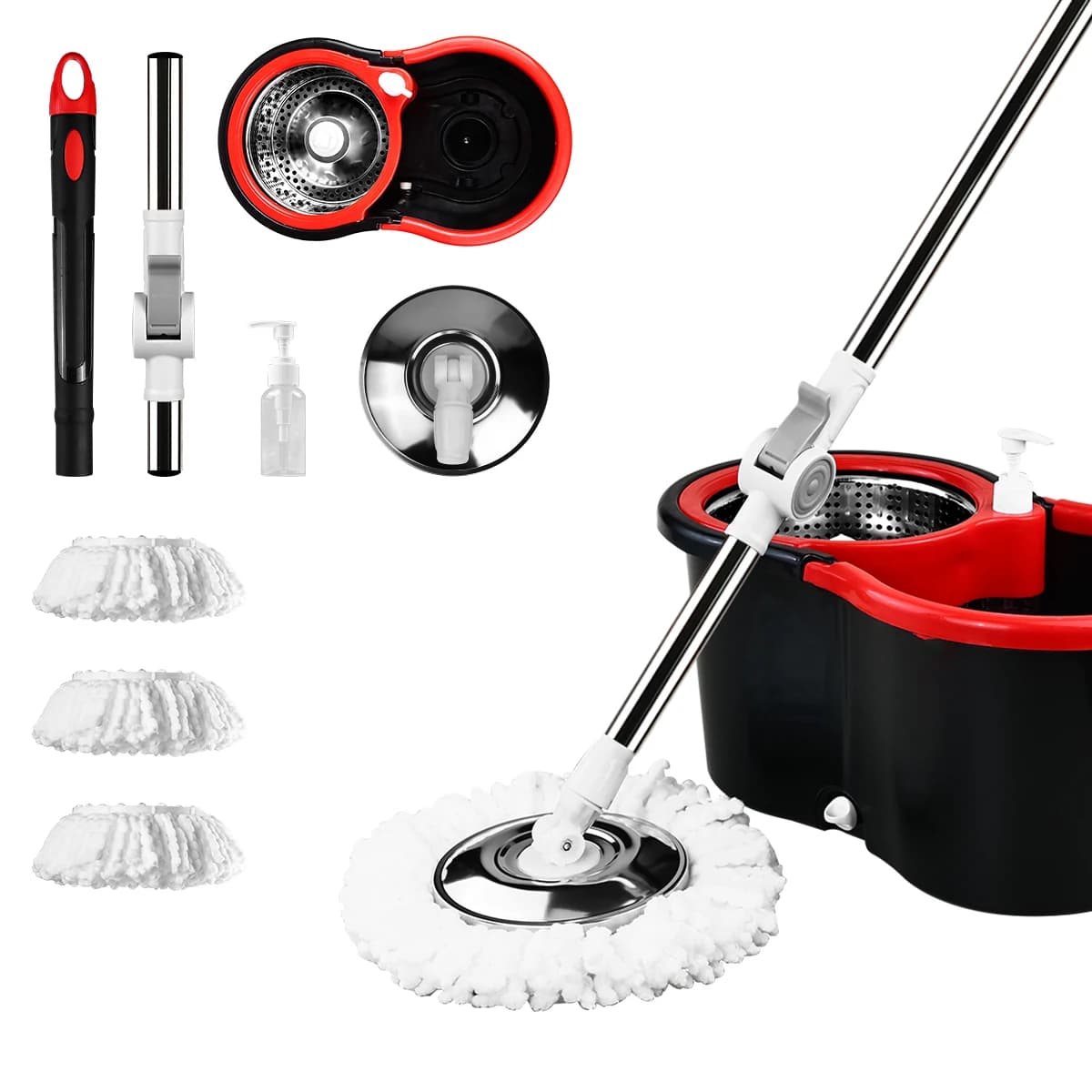 Set secchiello per mocio 360 ° Sistema di mocio a rotazione a doppio movimento Secchio autopulente con 3 teste per mocio a filato diviso