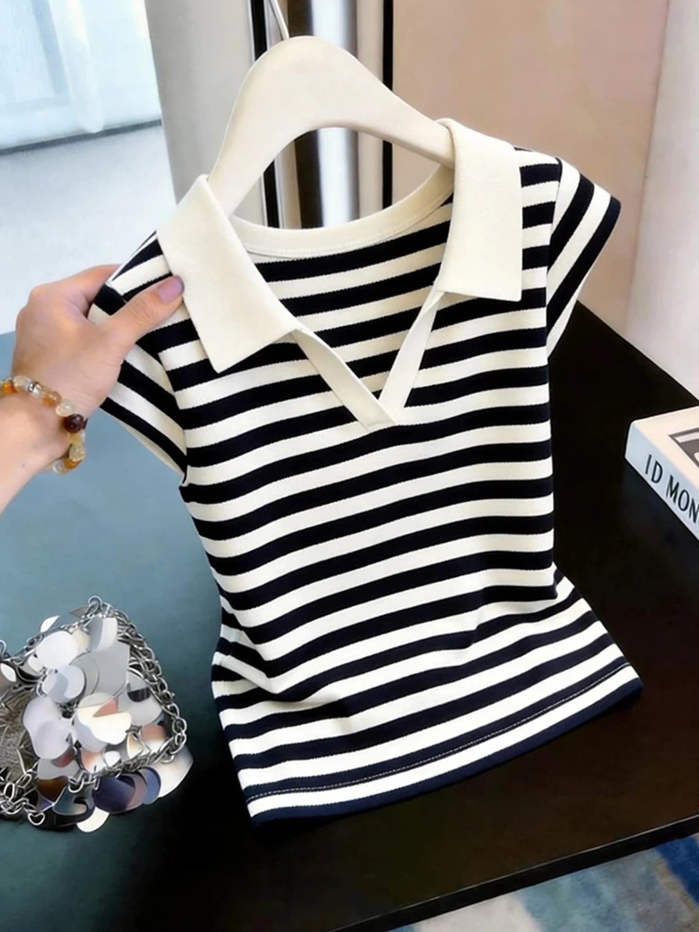 plus Size Women's Korean College Style Striped Collared Short Sleeve T-Shirt Summer Slimming Versatile Age-Defying Top