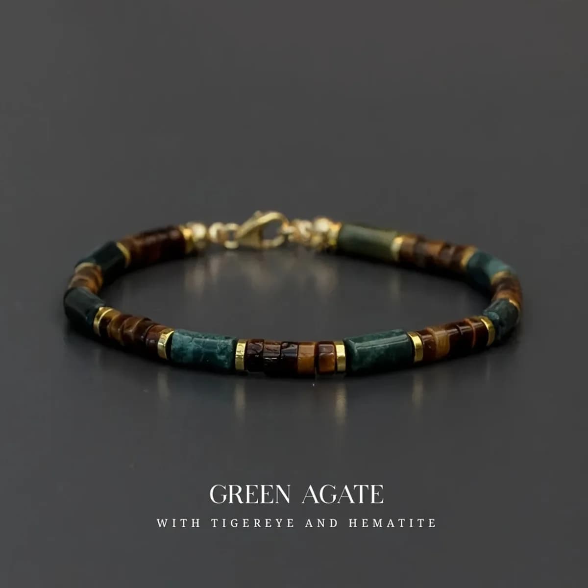 Bracciale da uomo con perline in agata muschiata e occhio di tigre, simbolo di forza interiore, coraggio e ricchezza abbondante.