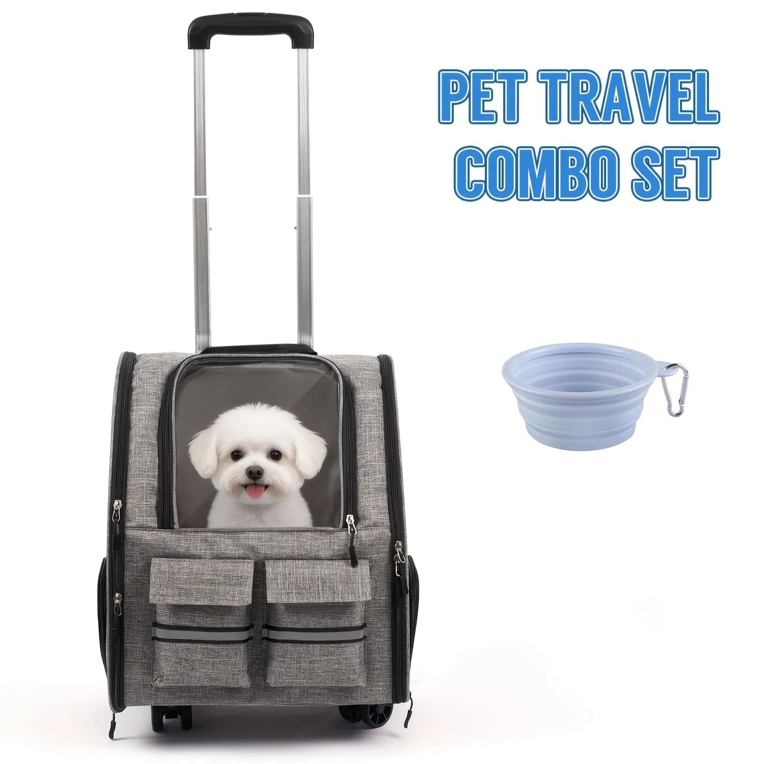 Set Trasportino per Animali Domestici 2-in-1 con Trolley | Trasportino per Cani in Poliestere con Ruote e Manico Telescopico, Chiusura a Cerniera, Trasportino da Viaggio Morbido Staccabile con Tracolla e Guinzaglio di Sicurezza