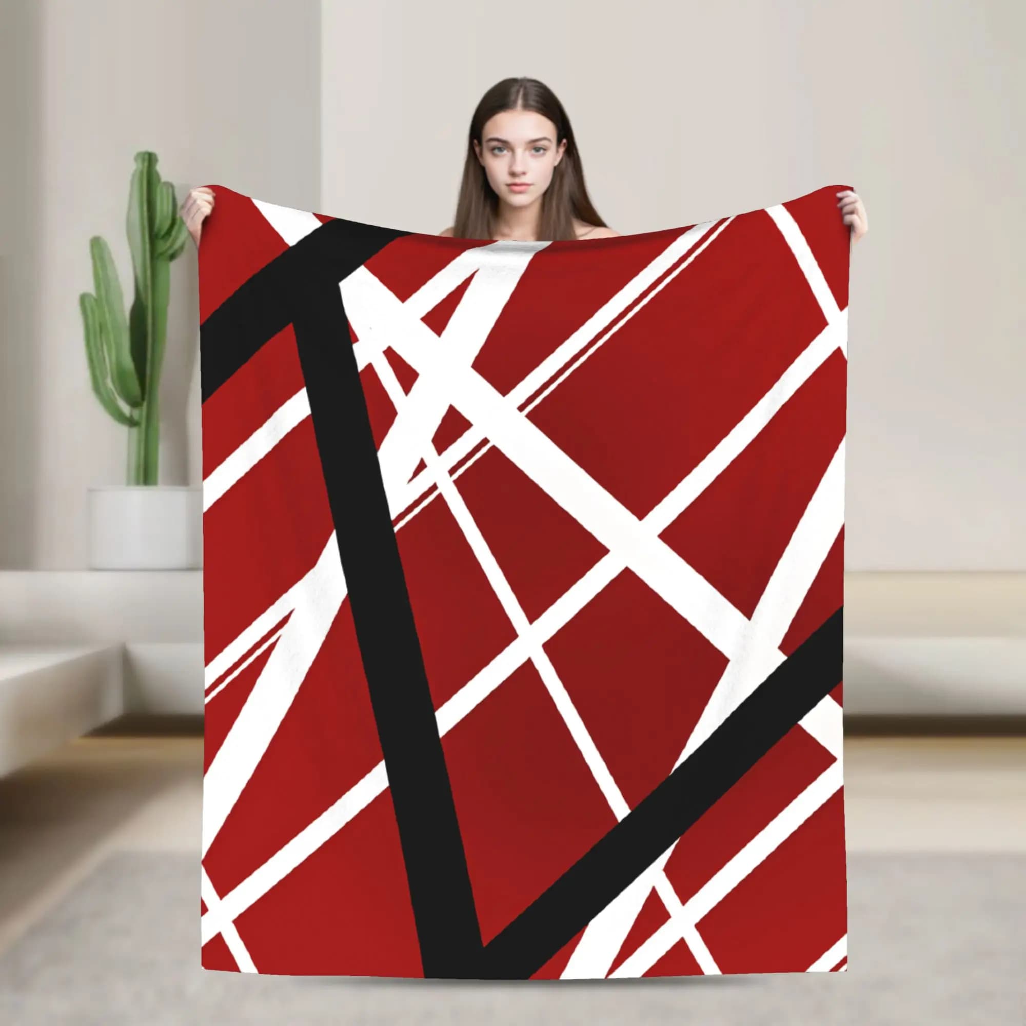 Coperta Van Halen astratta rossa e bianca con linee, calda e confortevole per la primavera, per letto, sedia, divano, copriletto in flanella