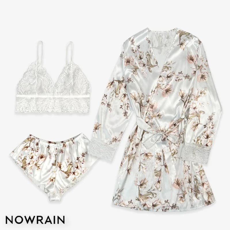 Women's Sexy Lace Cardigan Nightgown Set Home Wear Popular Bathrobe Nightdress Casual Comfortable Sleepwear in Pink/White