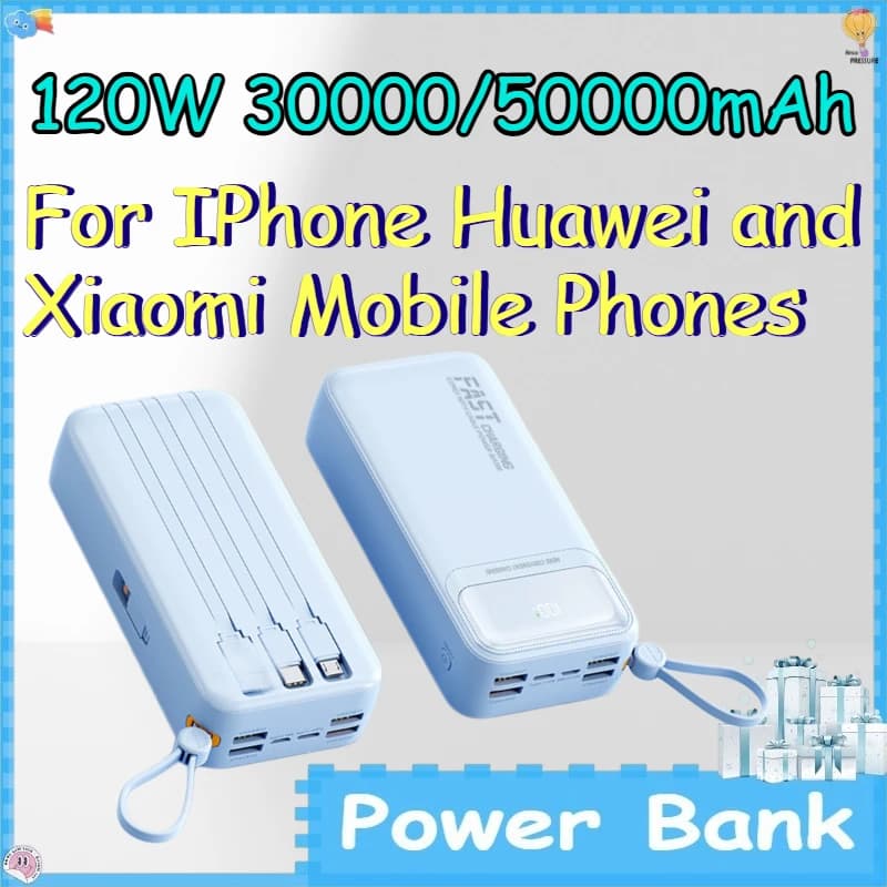 Power Bank da 120W 30000/50000mAh per iPhone, Huawei e Xiaomi, Caricabatterie Portatile con Cavo di Ricarica Rapida Integrato