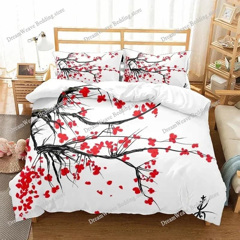 Copripiumino Giapponese con Rami di Fiori di Ciliegio in Fiore, Arte Primaverile, Set di Biancheria da Letto in Poliestere, Misura Full/King Size 9