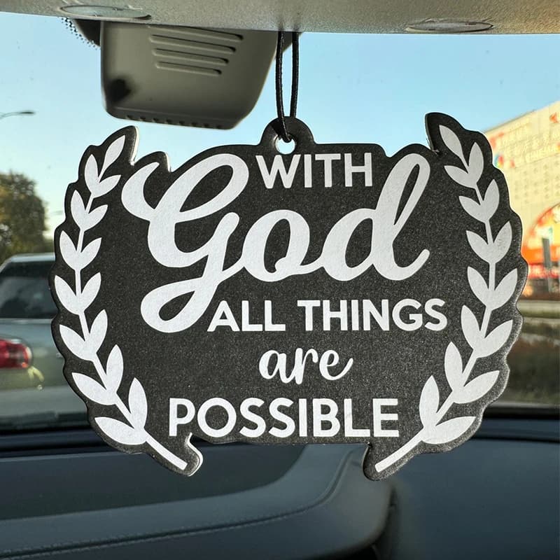 With God All things are possible Cologne in special edition (4711 Classic special edition, suitable for both men and women) Deodorant for cars | Pendant mirror retrovisore and clip for double purpose air vent | Tablets for aromatherapy in natural material | Long lasting fragrance for 90 days | Non-alcoholic | No fear of sun | Designed specifically to deodorate cars, cabinets and baths.