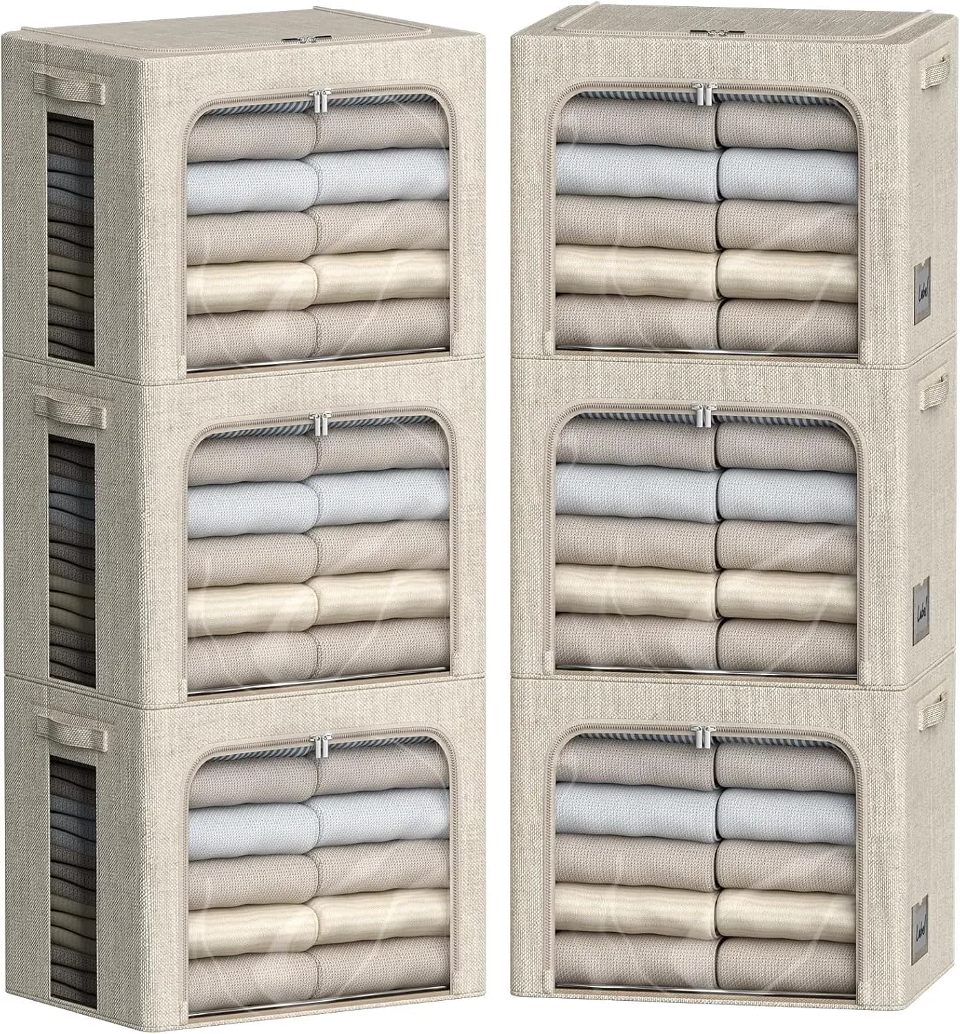 Foldable Containers for Clothes with Metal Frame and Transparent Window, Set of 6 Beige Boxes (36L, 15.7x11.8x11.8 inch)