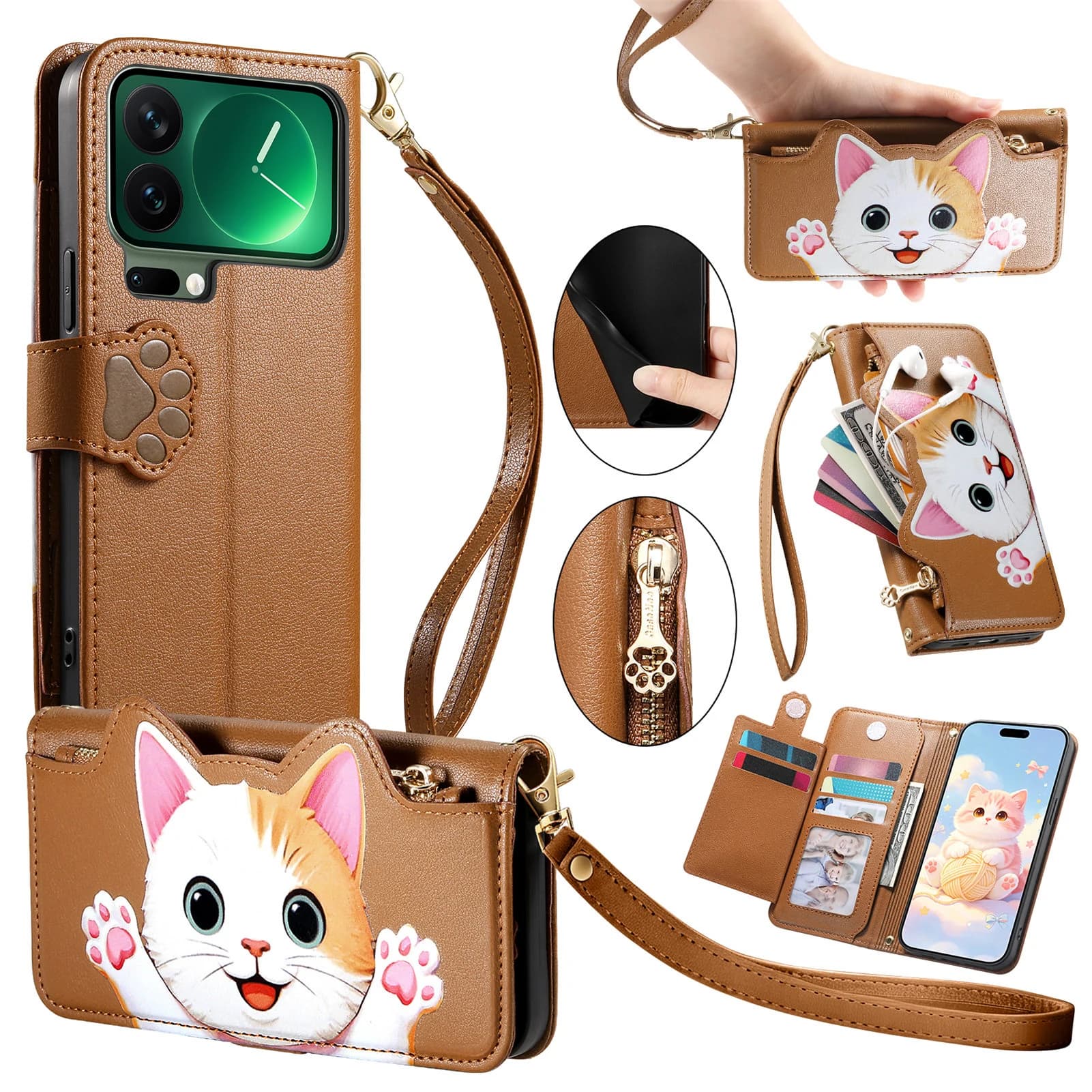 Cartoon Cat Wrist Strap Leather Wallet Phone Case for Xiaomi 17 Pro Max 17Ultra 15Ultra 15 15s 15T Pro 13T 14T Pro Stand Cover