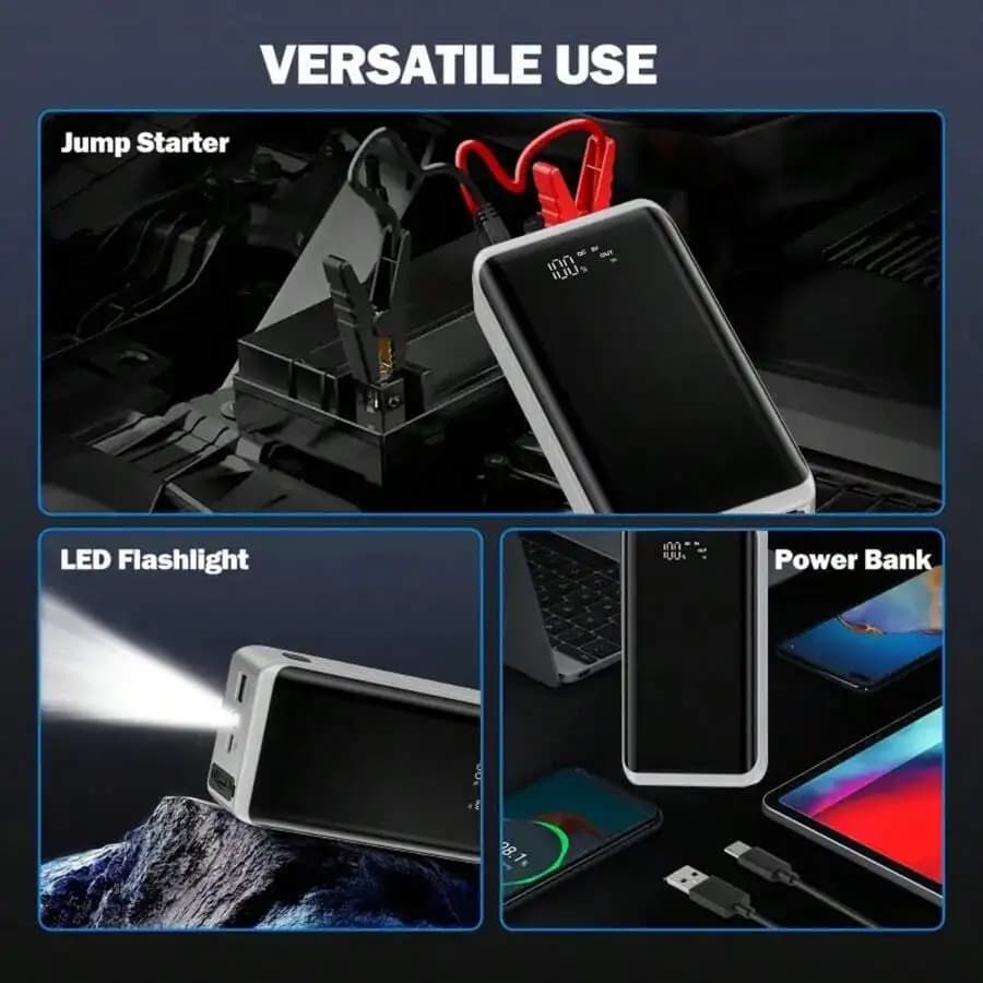 Avviatore di Emergenza Portatile 5000A con Porta USB, Torcia LED e Power Bank per Veicoli
