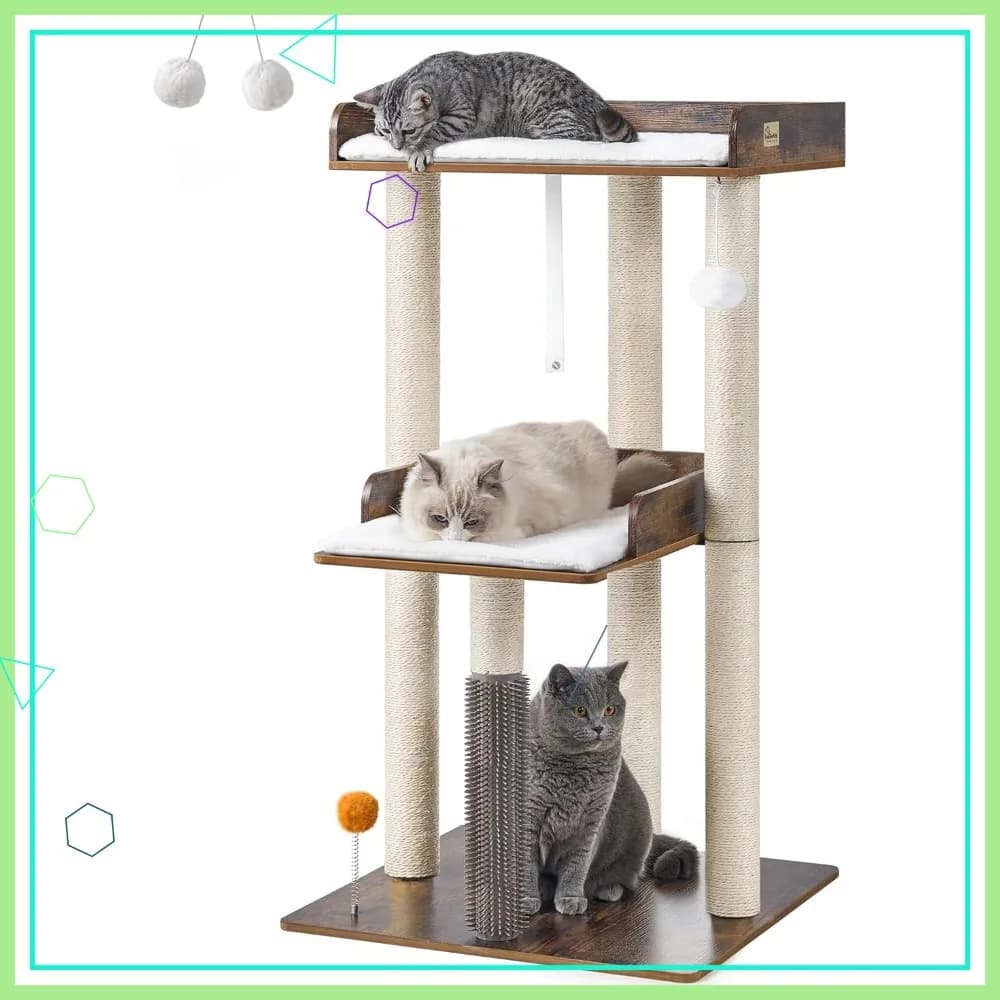 Albero per Gatti Moderno da 111 cm per Gatti da Interno, Grande Torre per Gatti con Tiragraffi, Postazione di Riposo e Cuscini Rimovibili, Marrone Rustico