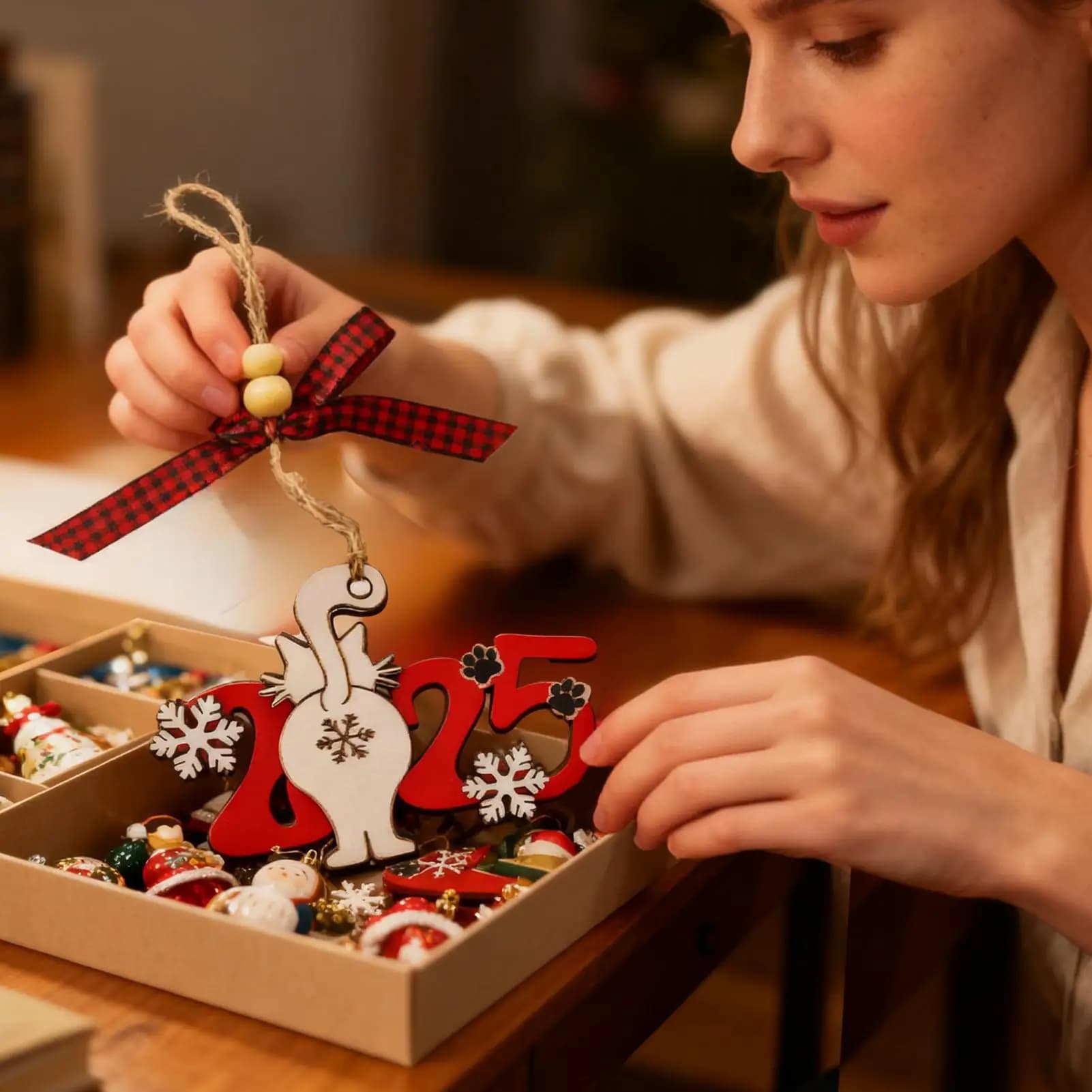 Ornamenti per l'albero di Natale 2025 Ornamento a tema animali in legno Albero di Natale Ciondolo gatto animale per camera da letto davanzale