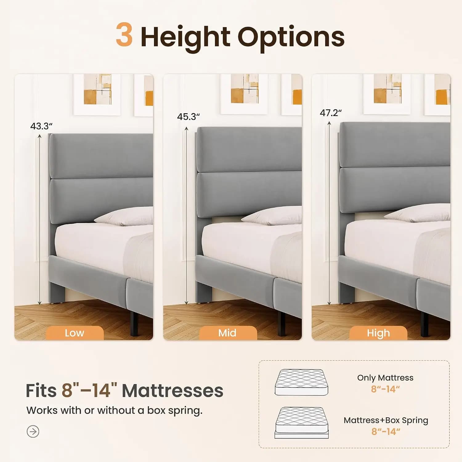 Platform Bed Frame Velvet Headboard Adjustable Wooden Slats Upholstered Foundation Queen Size Easy Assembly, Customized