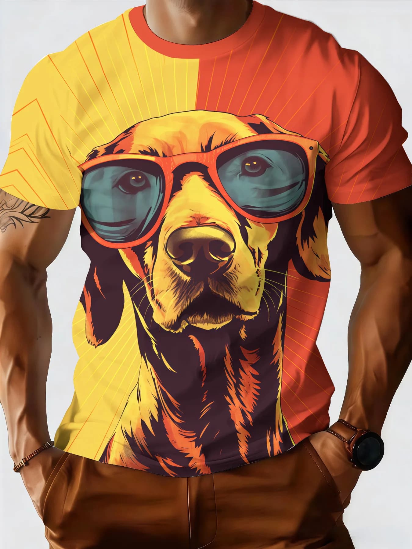 New summer men's t-shirt with 3D printing of sunglasses and golden hair, crew neck, half sleeve, breathable, fashionable and comfortable