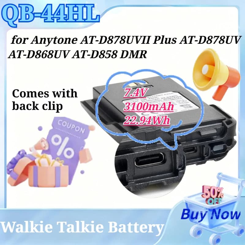 Batteria QB-44HL 7.4V 3100mAh 22.94Wh con Ricarica Type-C per Walkie Talkie DMR Anytone AT-D878UVII Plus AT-D878UV AT-D868UV AT-D858